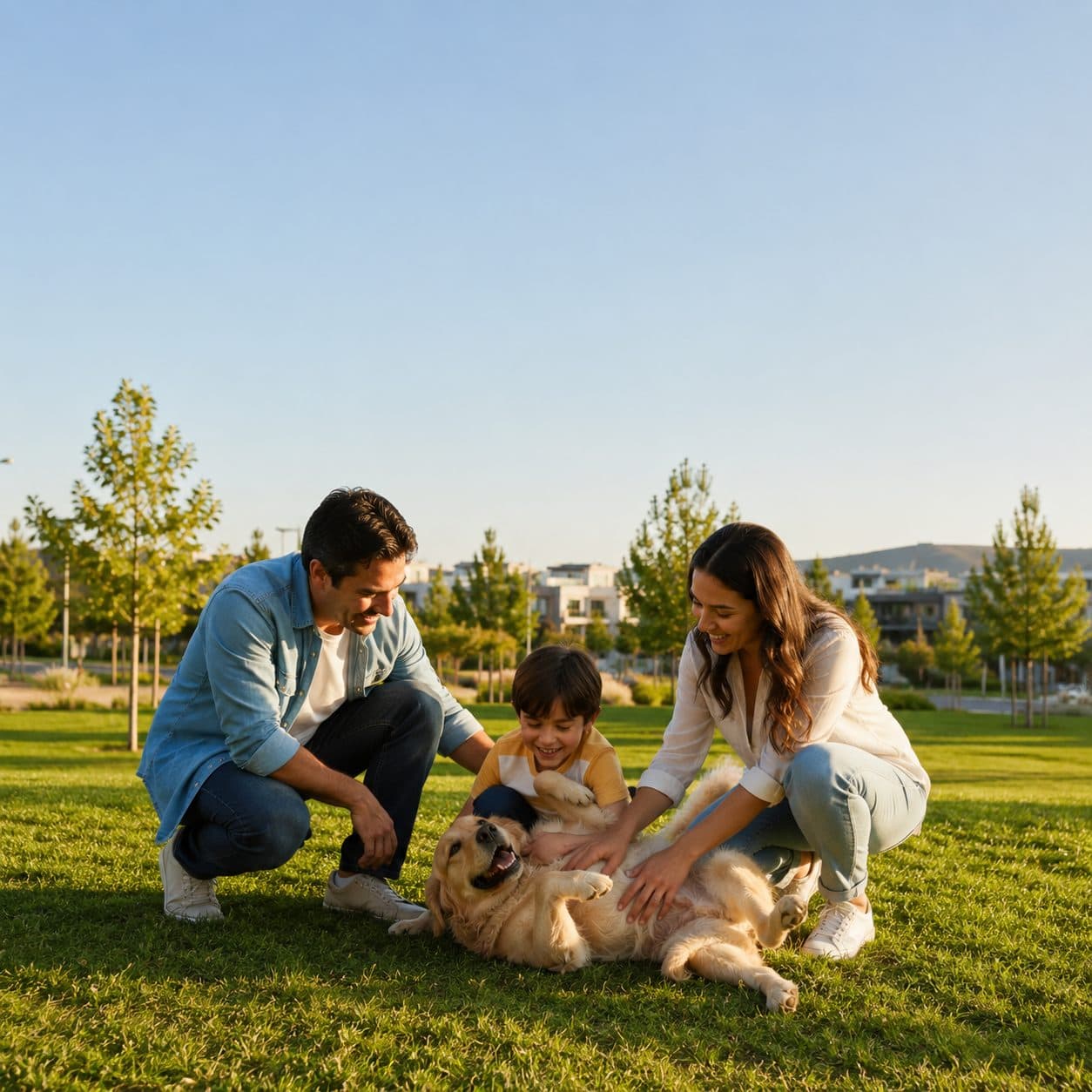 Familia jugando con su perro