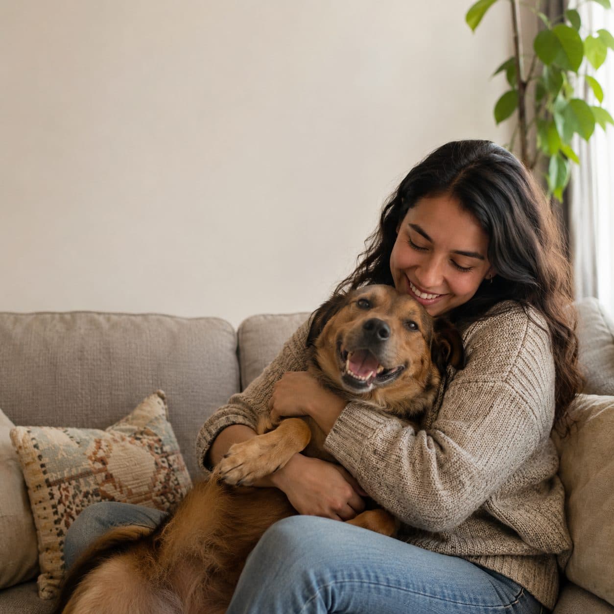 Mujer abrazando a su perro en casa